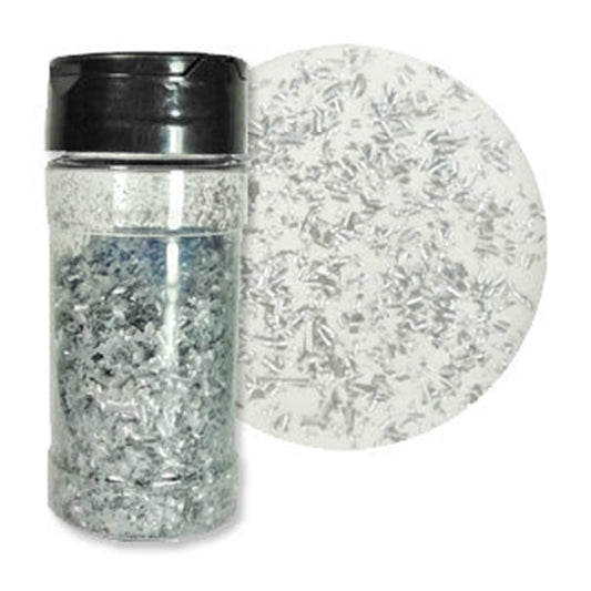 Silver Pearl Edible Glitter Flakes in a 1 oz. container with bright metallic silver flakes for decorating cakes, cookies, cupcakes, chocolate, and drinks.