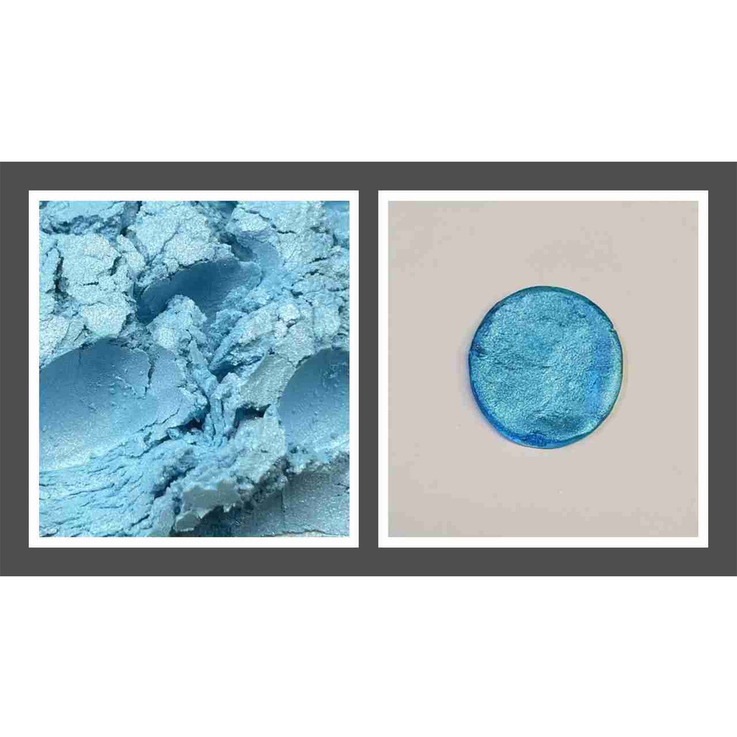Close-up photo of bright blue edible luster dust powder with a metallic shimmer beside a swatched blue circle showing the reflective finish on a light background.