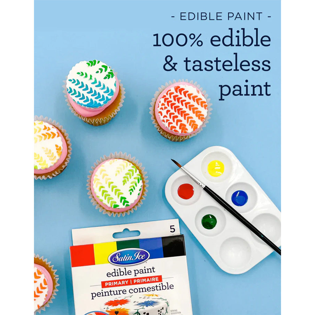 Edible paint kit in primary colors shown on a light blue background with a paint palette and brush, plus cupcakes decorated with colorful painted baseball-style stitching.