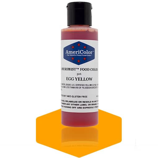 Bottle of Egg Yellow AmeriMist airbrush food color, 4.5 oz, by AmeriColor, ideal for decorating cakes and desserts with vibrant yellow spray color