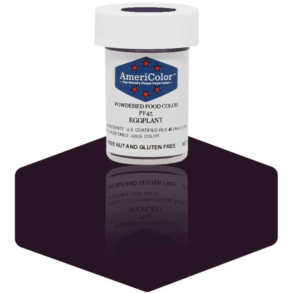 AmeriColor Eggplant powdered food coloring 3 gram jar with rich dark purple powder for dramatic cake designs.