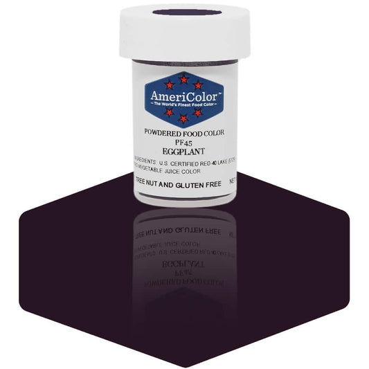 AmeriColor Eggplant powdered food coloring 3 gram jar with rich dark purple powder for dramatic cake designs.