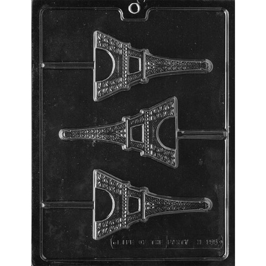 Clear plastic chocolate lollipop mold with three Eiffel Tower shaped cavities featuring detailed lattice-style lines and stick channels for making tower chocolate pops.