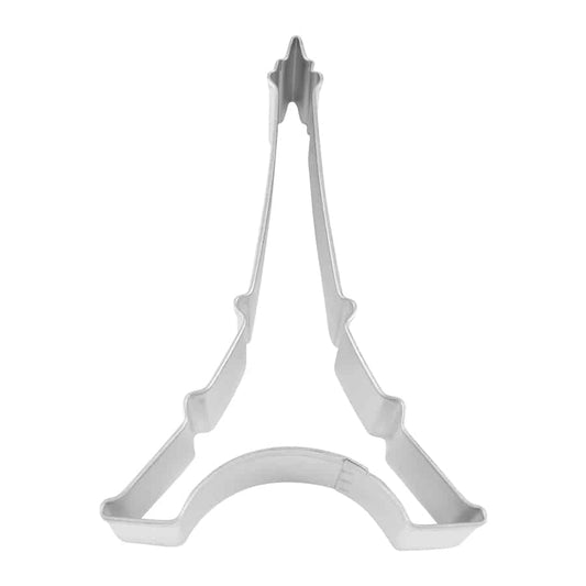 Metal Eiffel Tower cookie cutter with intricate detailing, displayed against a white background.