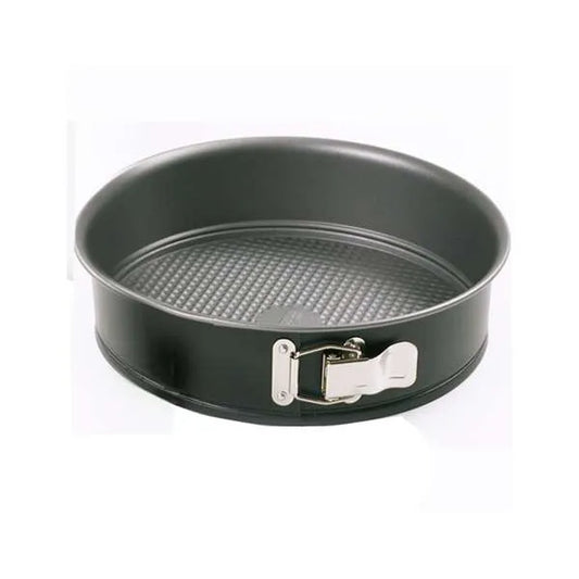 eight inch non-stick black springform pan with silver latch.
