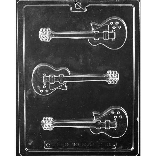 Three-cavity electric guitar chocolate mold with detailed strings, pickups, control knobs, necks, and tuning pegs
