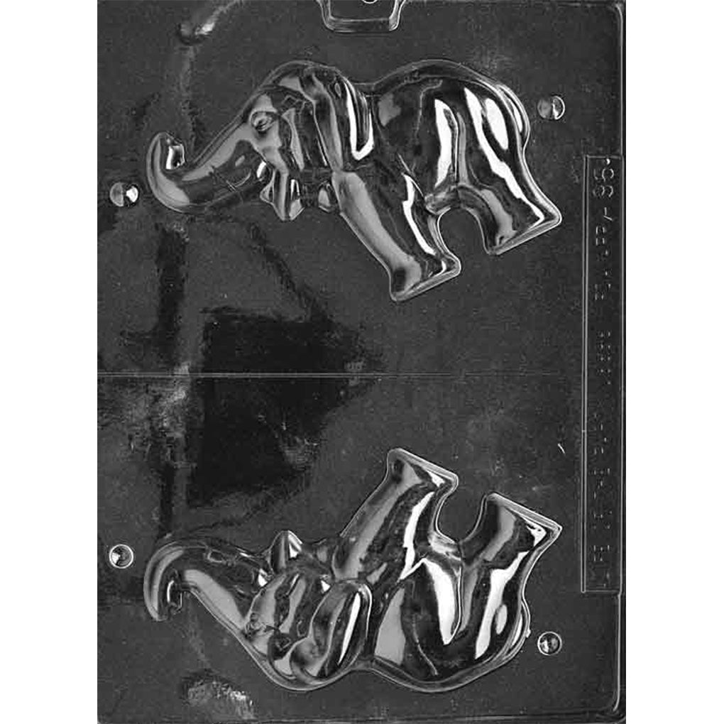 Clear plastic 3D chocolate mold with two elephant-shaped halves, showing a raised trunk, rounded ears, and standing legs, photographed on a dark background.