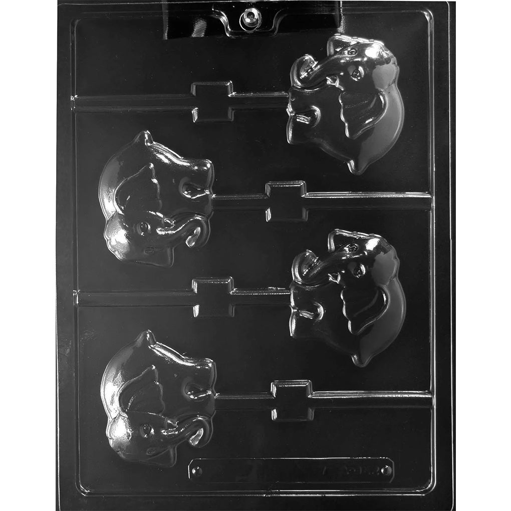 Clear plastic chocolate lollipop mold with four cavities shaped like a full cartoon elephant with a raised curved trunk, large ears, and two feet at the bottom, each connected to a stick channel on a dark background.