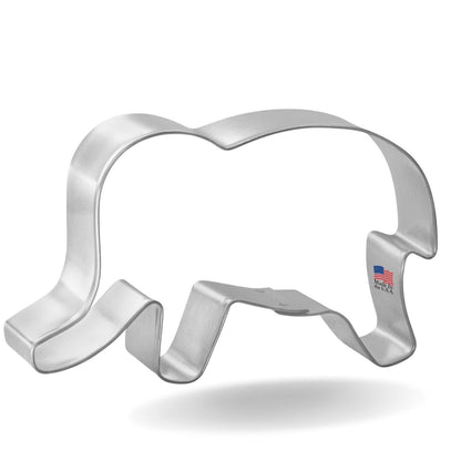 Silver elephant-shaped cookie cutter, 4 inches in size, made from sturdy tin, designed for creating animal-themed cookies.