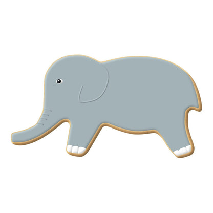 Decorated elephant-shaped cookie with smooth gray icing, created using a 4-inch elephant cookie cutter.