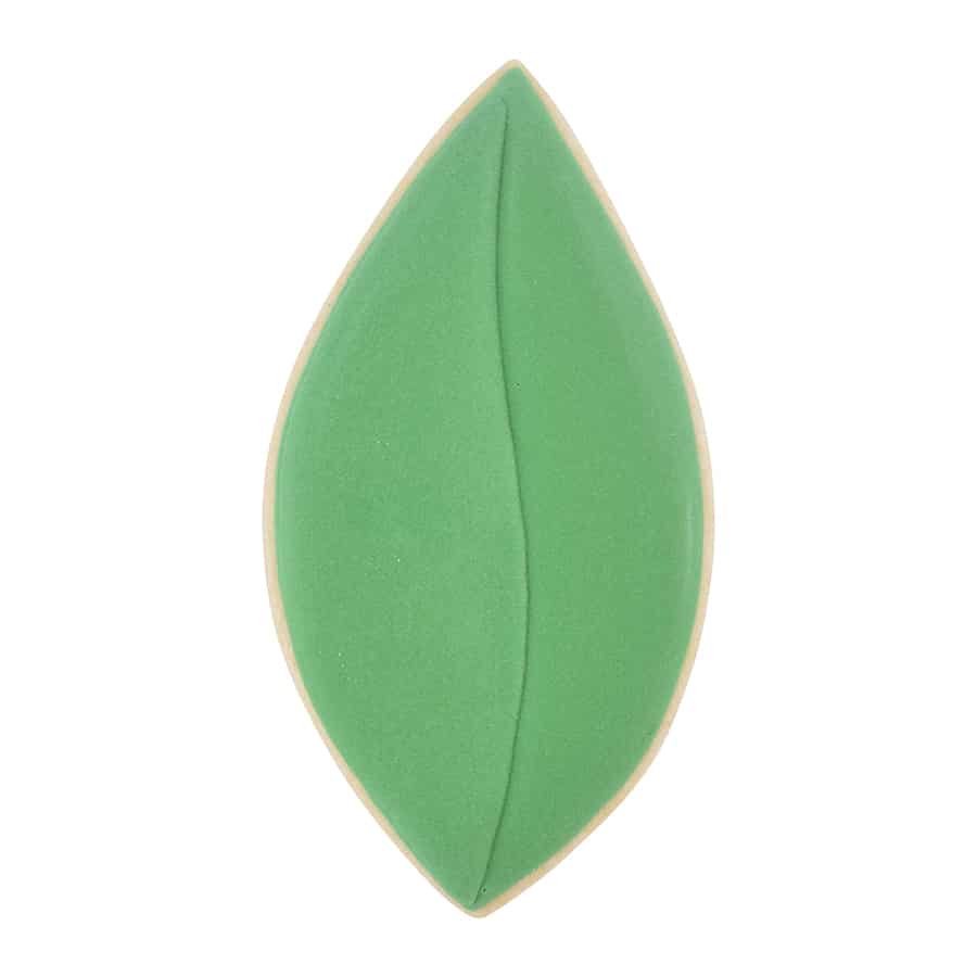 Decorated cookie in the shape of a leaf with smooth green icing.