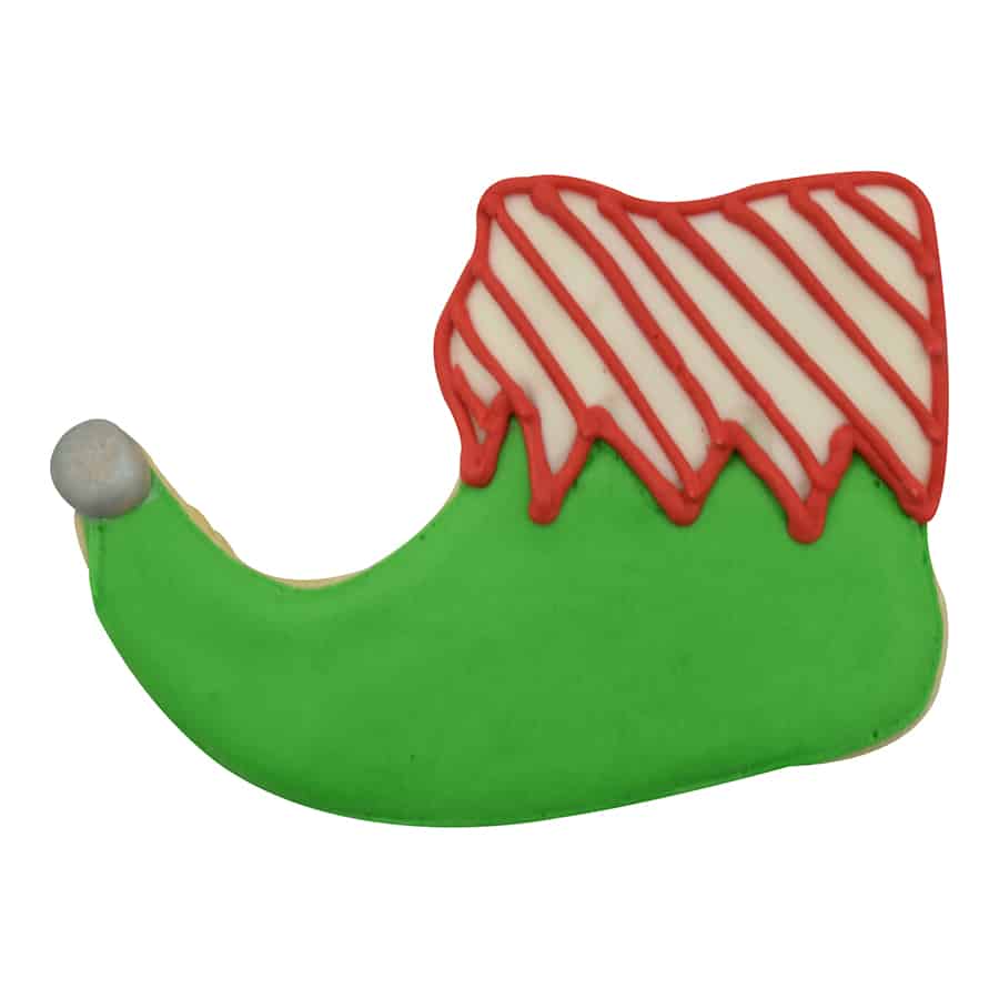 Decorated elf shoe cookie with green icing, a silver toe, and red-striped cuff.