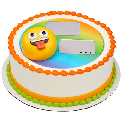 A round cake featuring the emoji topper on a gradient chat bubble design with orange and green accents.