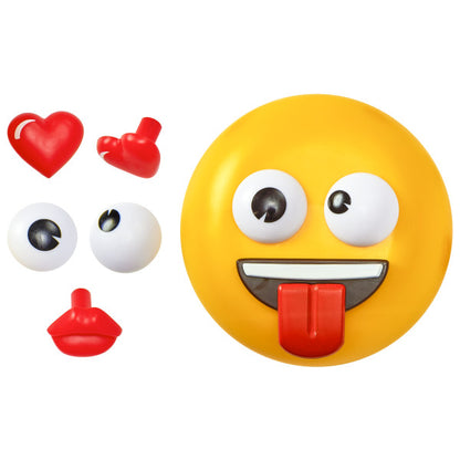 A bright yellow emoji face with a tongue-out expression, along with various interchangeable eyes, hearts, and mouthpieces.