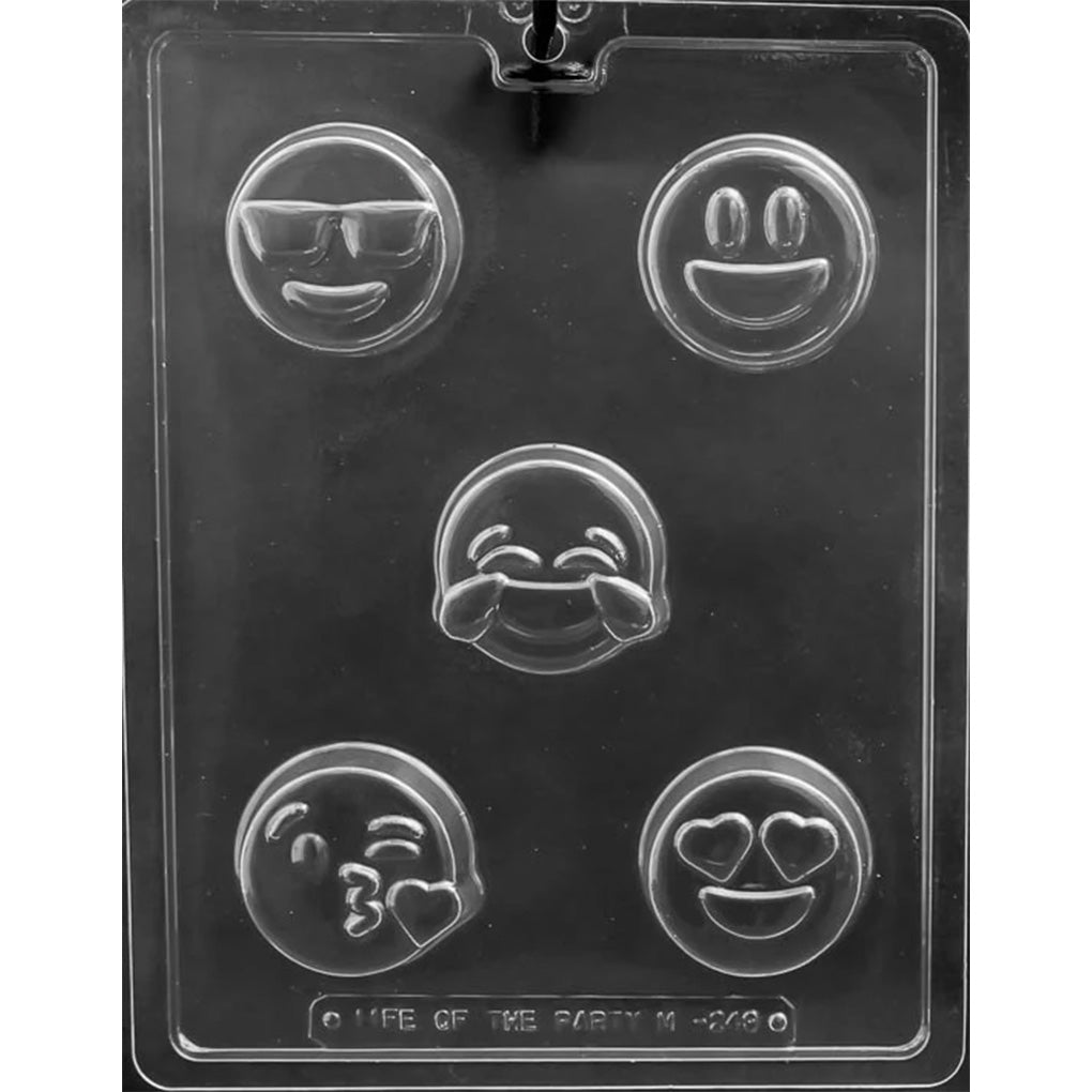 Clear plastic chocolate covered cookie mold with five round cavities featuring different emoji faces, sized to coat sandwich cookies in chocolate with embossed expressions.