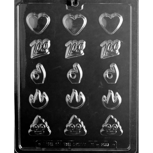 Clear plastic chocolate mold with 15 small emoji-style cavities in a 3-by-5 layout, showing hearts, “100” symbols, OK hands, flames, and a swirl character against a dark background.