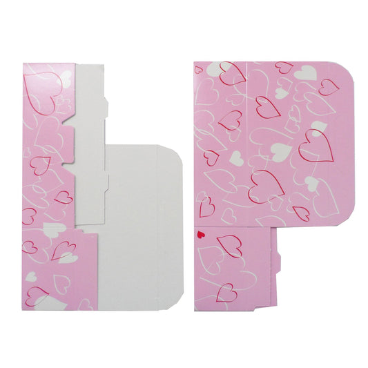 Flat and partially assembled “Entangled Hearts” candy box shown open next to the printed box lid on a white background.
