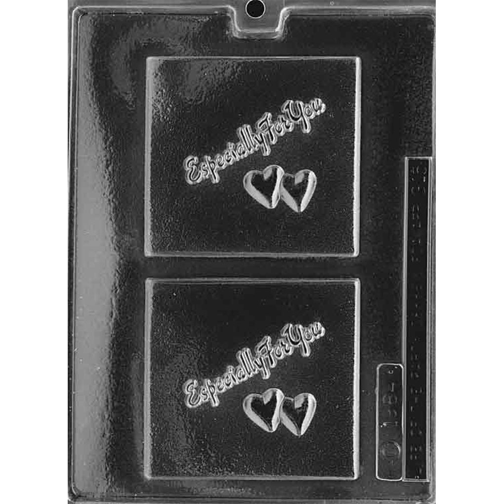 Especially For You chocolate mold with two square bar cavities featuring raised script and interlocking hearts