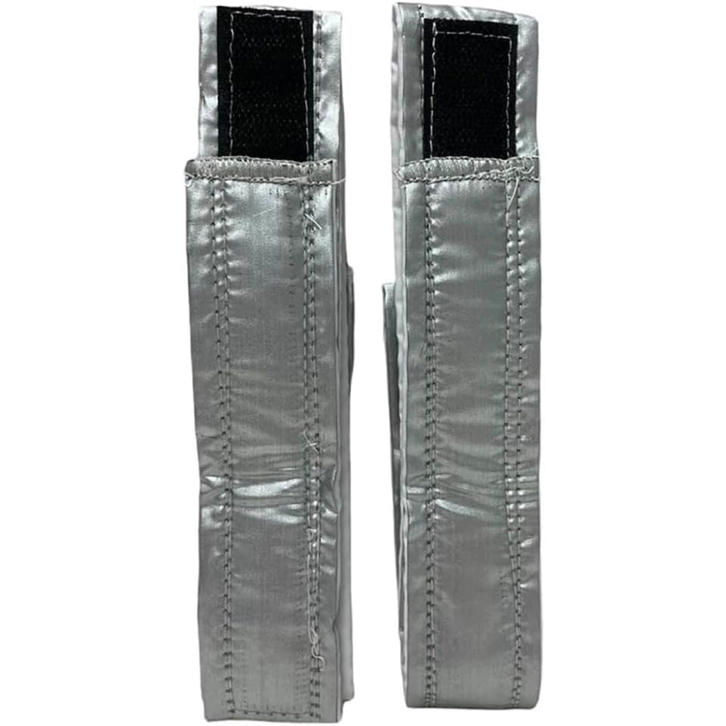 Regency Wraps EvenBake cake strips shown flat, silver fabric baking strips with stitched edges and black hook-and-loop closures on a white background