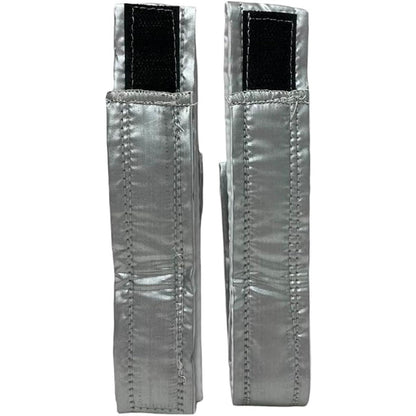 Regency Wraps EvenBake cake strips shown flat, silver fabric baking strips with stitched edges and black hook-and-loop closures on a white background