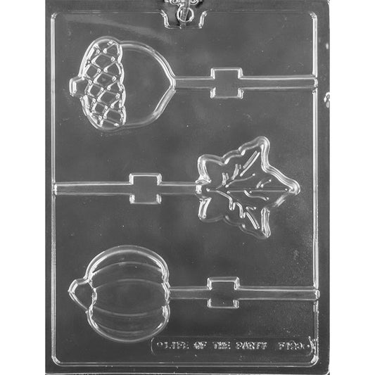 Three-cavity fall chocolate lollipop mold with a textured acorn, veined leaf, ribbed pumpkin, and alternating stick channels.