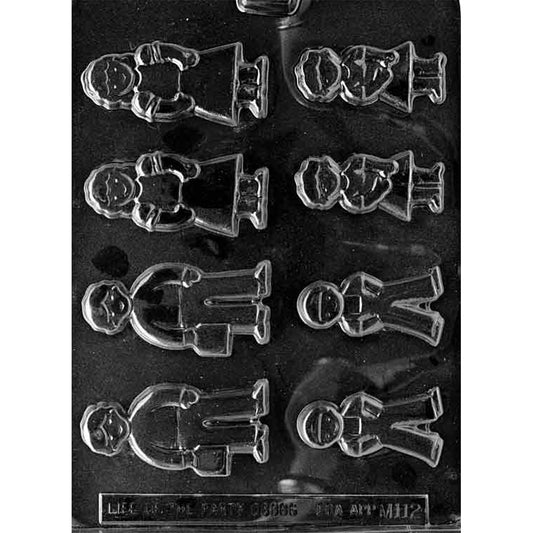 Clear plastic chocolate mold with multiple cavities shaped like family figures, including mom and dad silhouettes and smaller child shapes, shown on a dark background.