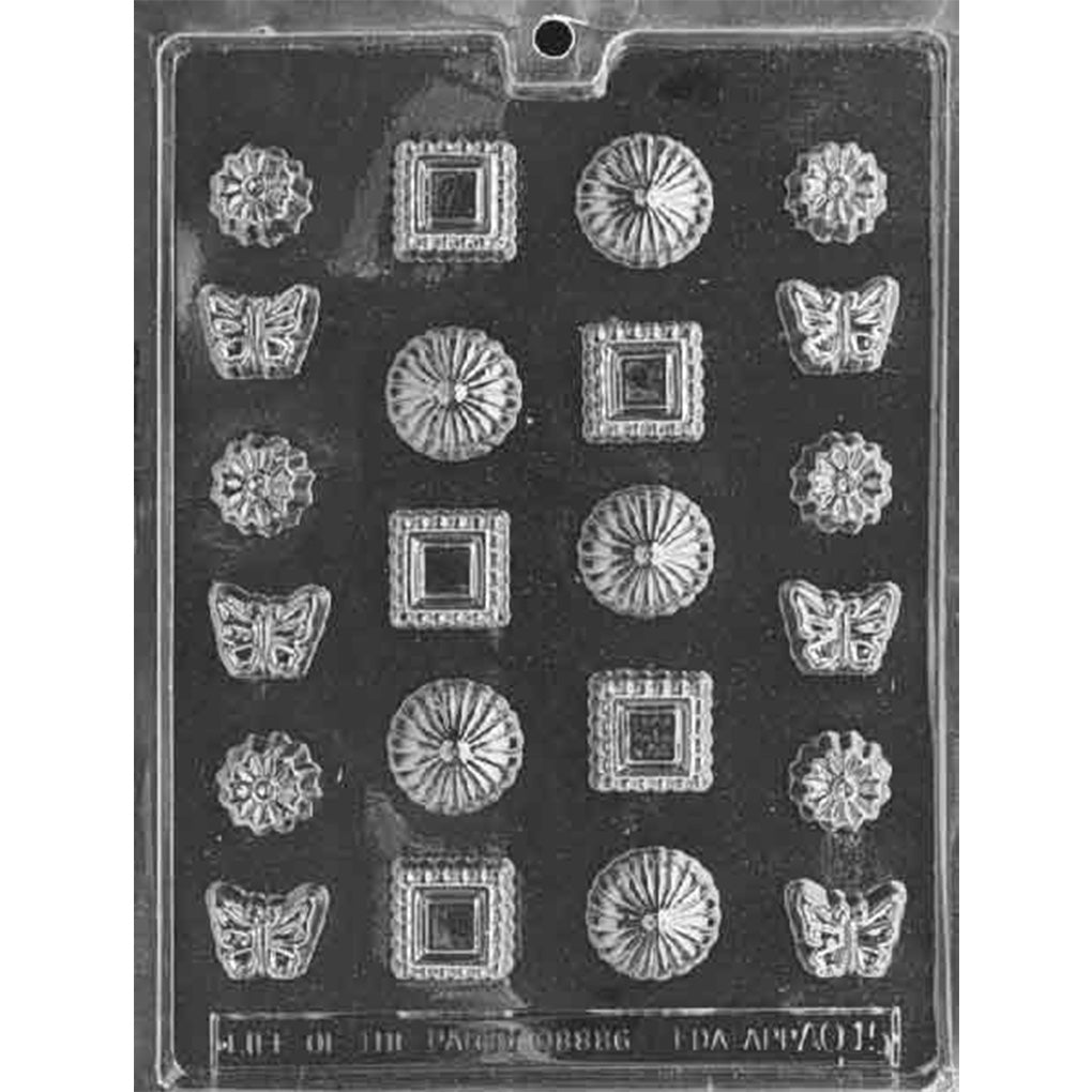 Twenty-two-cavity fancy assortment chocolate mold with six butterflies, six flowers, five fluted rounds, and five patterned square candies