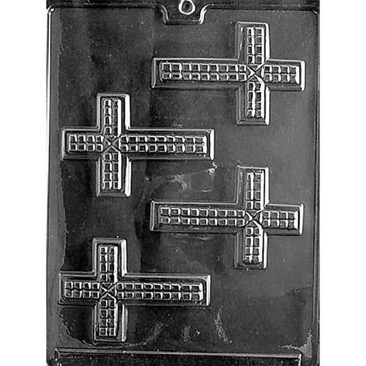 Clear chocolate mold with four rectangular cross cavities featuring raised square grid patterns and small decorative center details on a dark background.