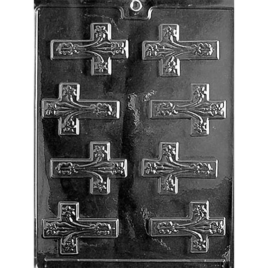 Plastic chocolate mold with eight small cross-shaped cavities, each decorated with floral accents through the center and at the ends.