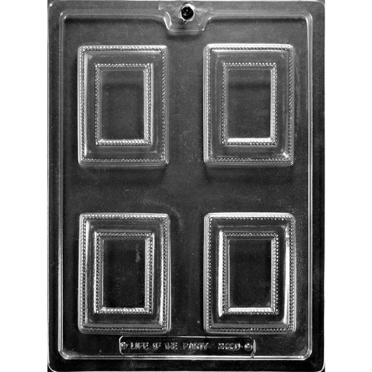 Clear plastic chocolate mold with four rectangular fancy picture frame cavities featuring raised ornate borders and beaded edge details on a dark background.