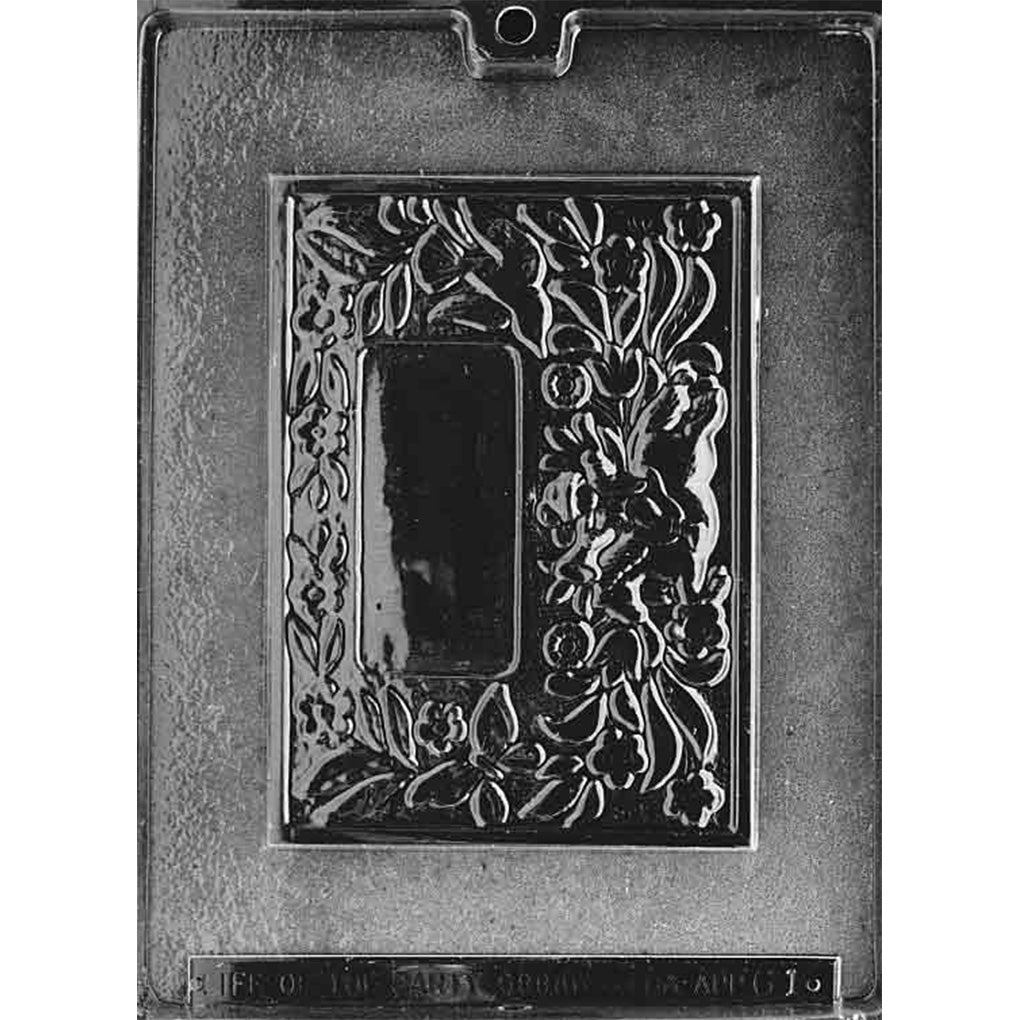 Fancy place card chocolate mold with a rectangular plaque design, ornate floral border, and a smooth center area for adding a name or message.