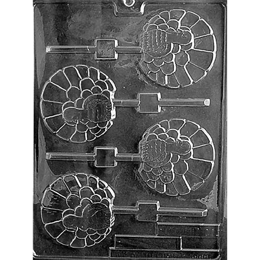 Clear plastic Fancy Turkey Chocolate Lollipop Mold with four round turkey cavities featuring fanned tail feathers and built-in stick channels