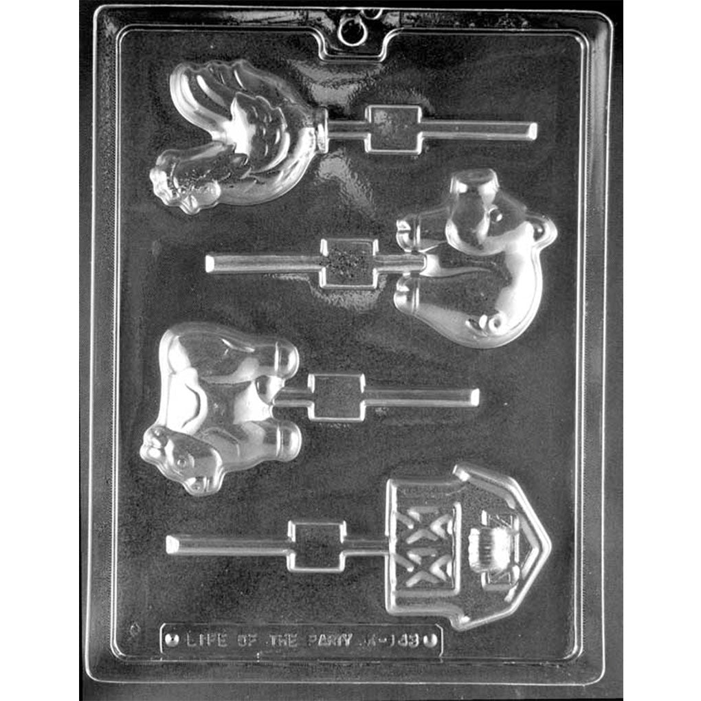 Clear plastic farm assortment chocolate lollipop mold with four cavities featuring a rooster, pig, cow, and detailed barn with built-in stick channels.