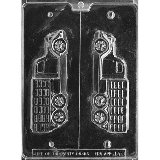 Clear two-piece chocolate mold with mirrored farm truck halves, each showing a detailed cab, window, three wheels, fenders, and a tall slatted truck bed.