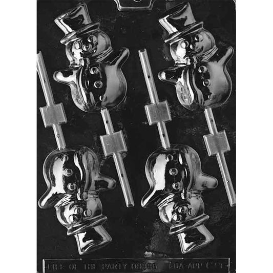 Clear plastic cartoon snowman chocolate lollipop mold with four large snowman cavities wearing top hats and scarves, showing raised buttons and smiling faces with stick channels.
