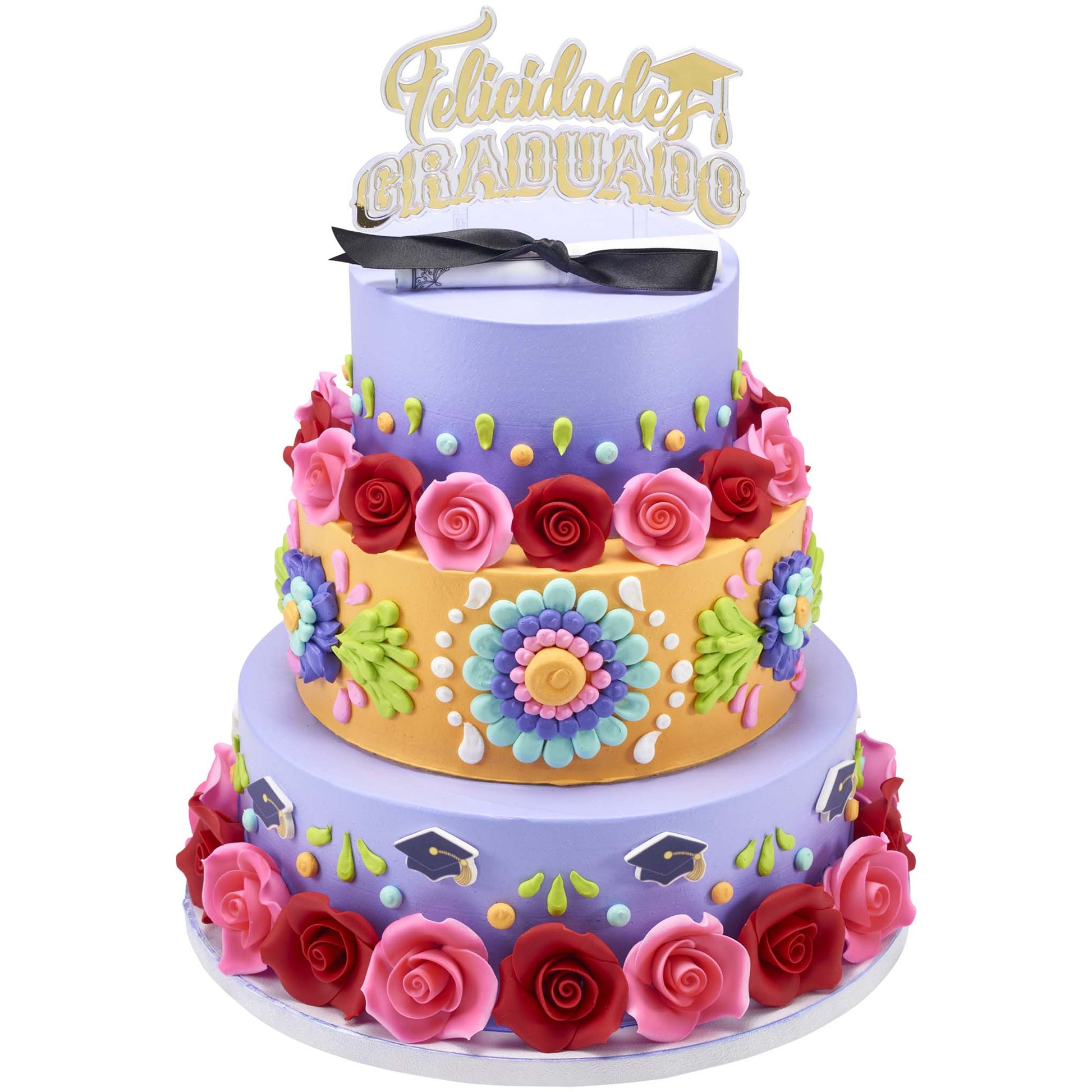 Tall purple tiered cake decorated with colorful piped flowers and roses, topped with a gold Felicidades Graduado topper.