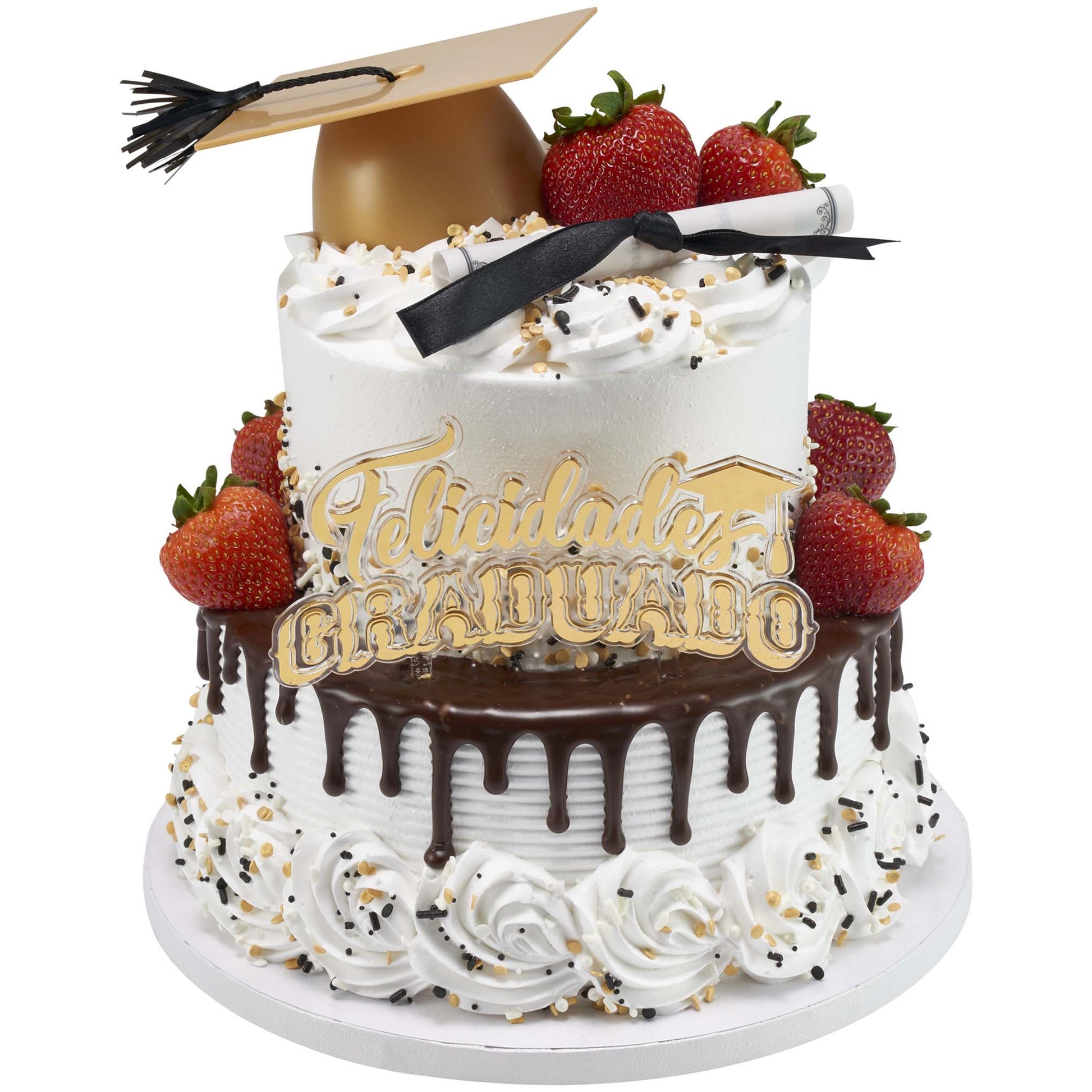 White round cake with chocolate drip and whipped frosting swirls, topped with a gold graduation cap decoration, strawberries, and a Felicidades Graduado cake topper on the front.