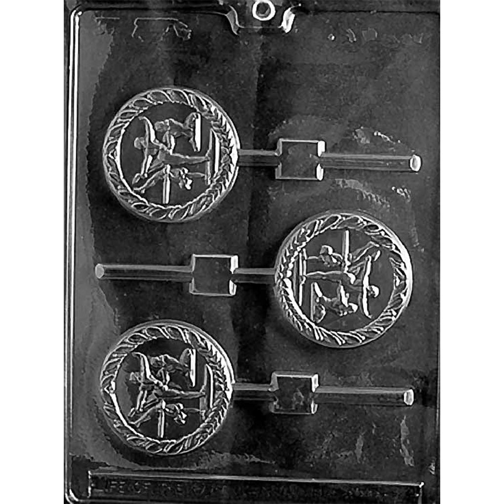 Three-cavity female gymnast chocolate lollipop mold with 2 1/2-inch round designs, braided borders, and built-in stick channels