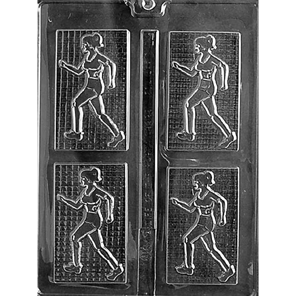 Four-cavity female jogger chocolate bar mold with ponytailed runners in athletic clothing on textured 3 7/8 x 2 1/4 inch bars