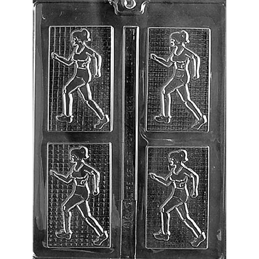 Four-cavity female jogger chocolate bar mold with ponytailed runners in athletic clothing on textured 3 7/8 x 2 1/4 inch bars