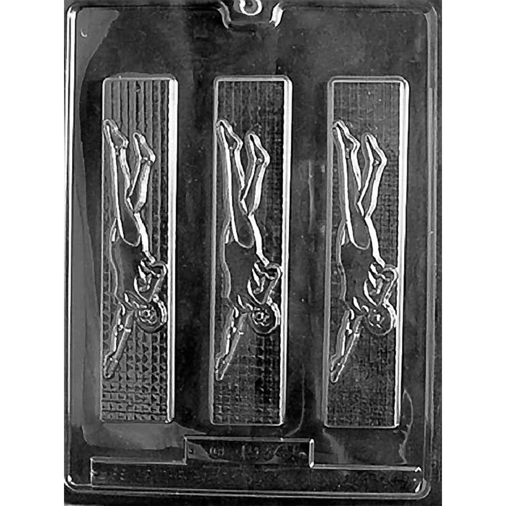 Three-cavity female swimmer chocolate bar mold with 6 3/4-inch rectangular bars, freestyle figures, kicking legs, and textured water backgrounds