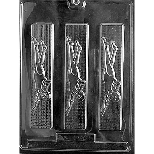 Three-cavity female swimmer chocolate bar mold with 6 3/4-inch rectangular bars, freestyle figures, kicking legs, and textured water backgrounds