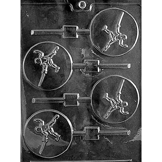 Clear four-cavity Fencing Chocolate Lollipop Mold with 2 3/4-inch round pops featuring masked fencers holding raised swords