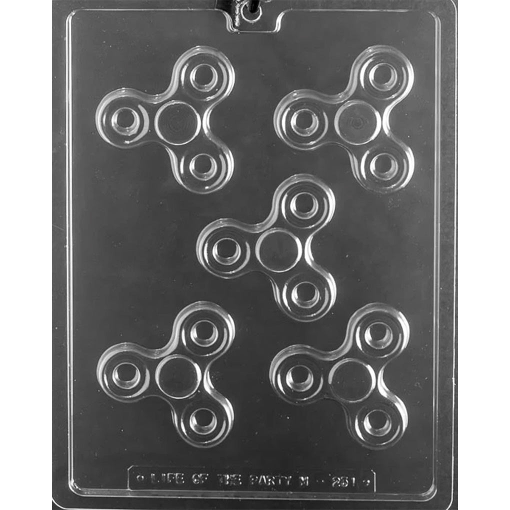 Clear plastic chocolate mold tray with five fidget spinner cavities, each a three-pronged spinner shape with circular centers and ringed outer circles.