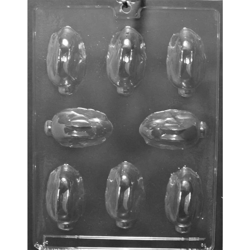 Eight-cavity filled bunny chocolate mold with small upright rabbits in side profile, each measuring approximately 2 3/4 x 1 1/4 x 1 1/8 inches