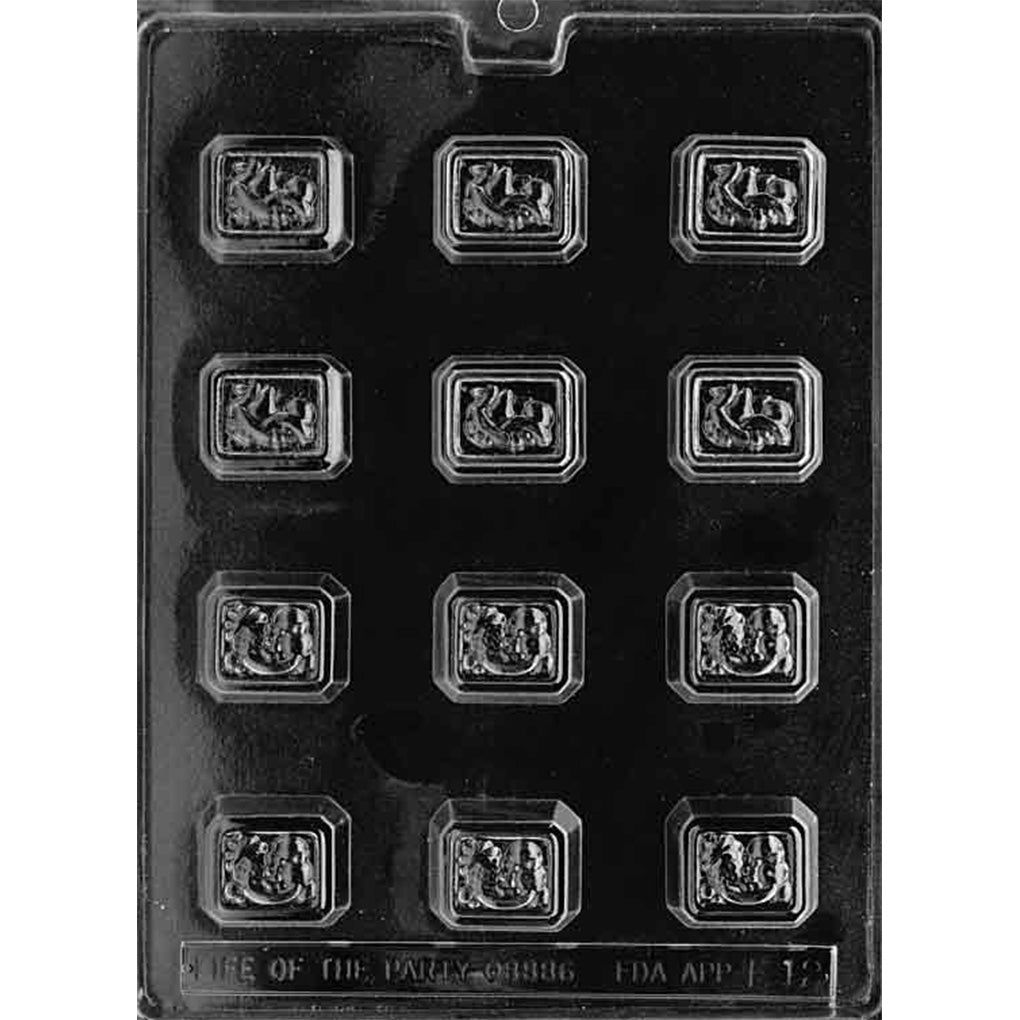 Twelve-cavity filled chocolate mold with six each of two fruit motifs on framed rectangular pieces measuring approximately 1 1/2 x 1 1/4 inches