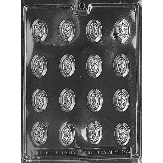 Clear Filled Oval Roses Chocolate Mold photographed against a black background with 16 oval cavities featuring raised rose designs for filled chocolates.