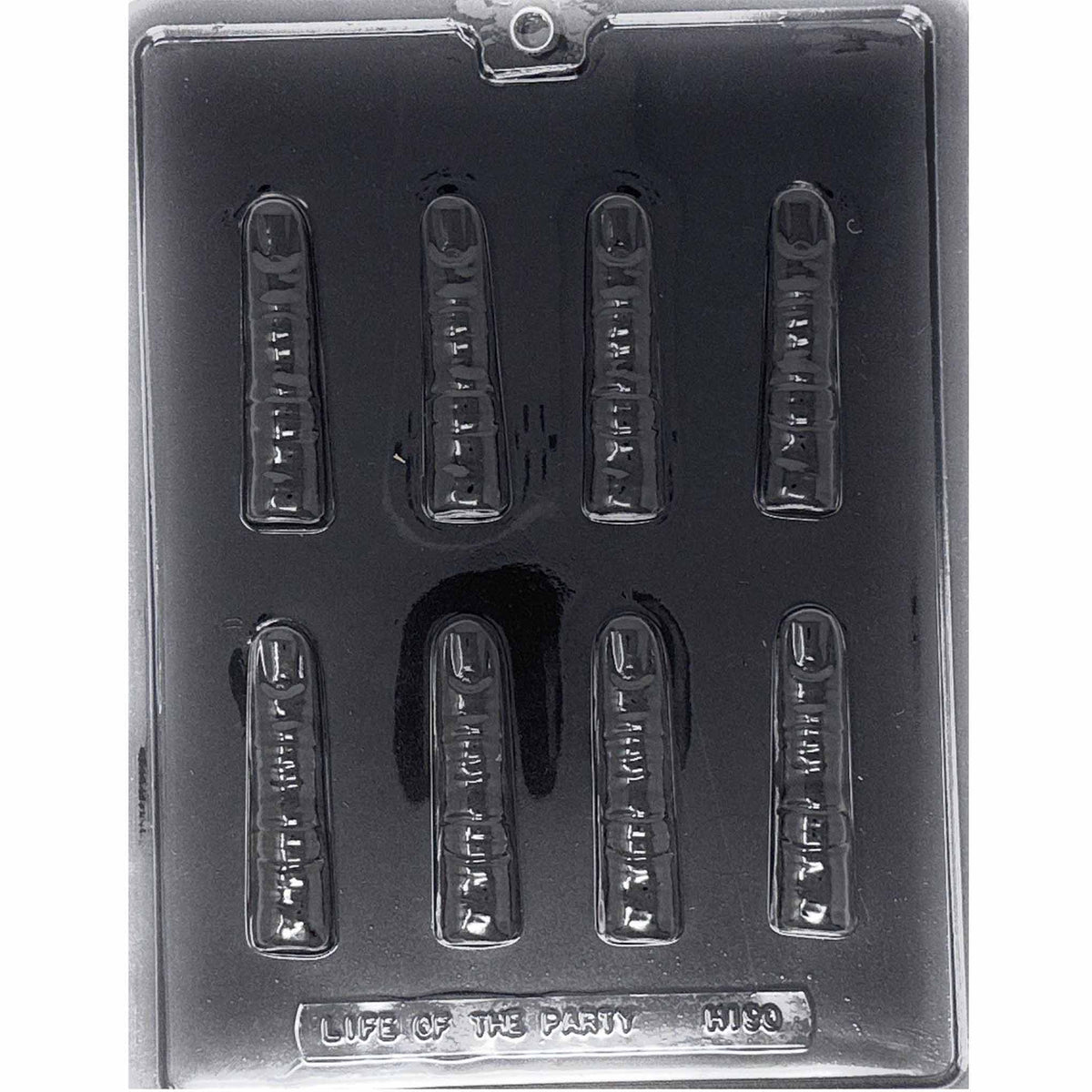 Clear Fingers Chocolate Mold photographed against a black background with eight long finger-shaped cavities featuring molded fingernails and knuckle details.