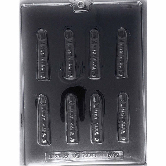 Clear Fingers Chocolate Mold photographed against a black background with eight long finger-shaped cavities featuring molded fingernails and knuckle details.