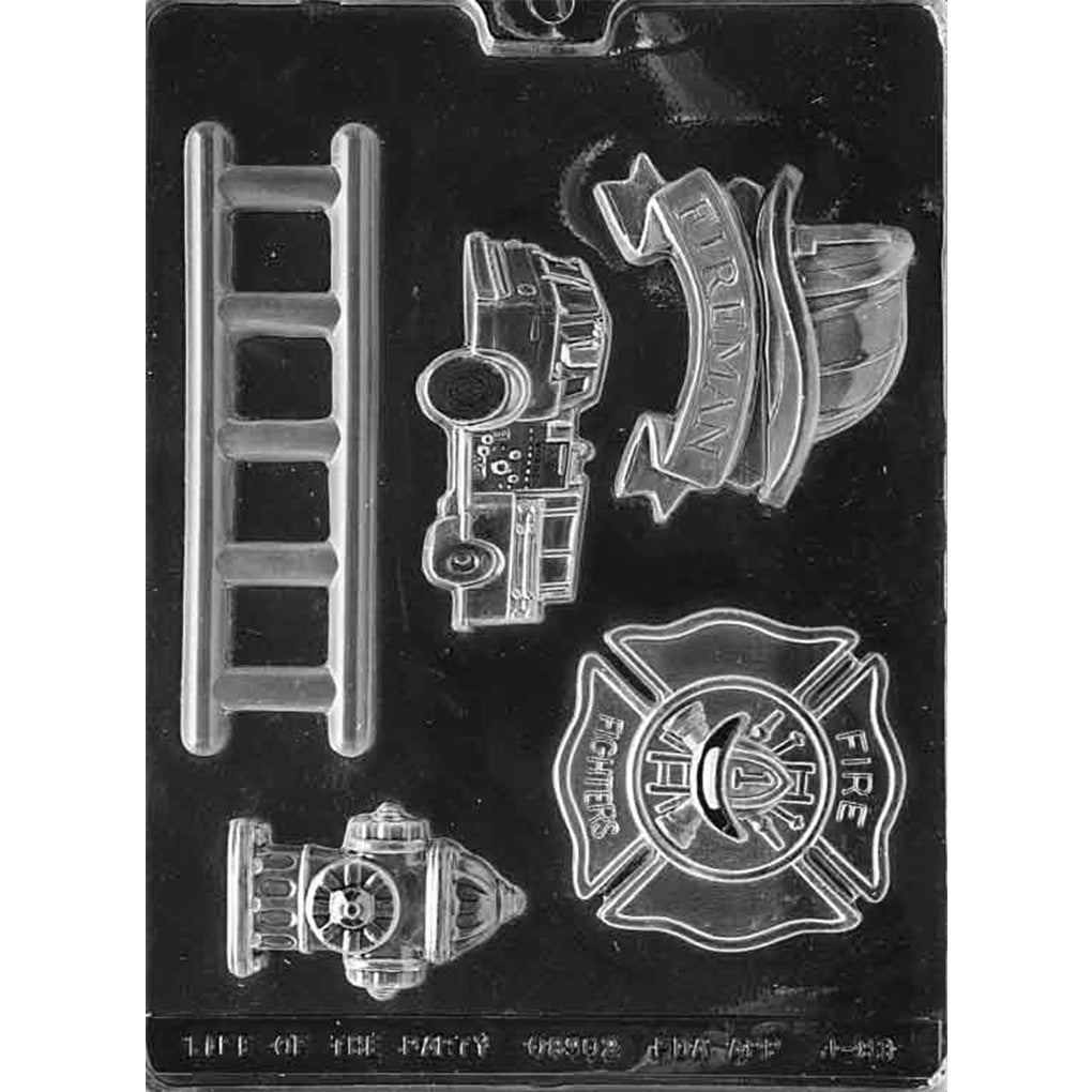 Clear plastic Firefighter Assortment Chocolate Mold with five cavities shaped like a ladder, fire engine, firefighter helmet, fire hydrant, and Maltese cross badge